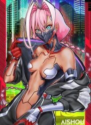 1girls absurdres artist_name black_jacket braid breasts collarbone commentary cyberpunk:_edgerunners cyberpunk_(series) cyborg dark-skinned_female dark_skin english_commentary hair_intakes highres jacket looking_at_viewer mask mouth_mask open_clothes open_jacket pink_hair slit_pupils talia_yang