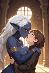 2girls ai_generated blue_skin blushing brown_hair cathedral dark_elf daytime embracing_each_other female_only freckles glowing_eyes green_eyes happy height_difference human_female indoors jewelry large_breasts light-skinned_female long_hair looking_at_partner lovers married_couple nipples pointy_ears red_eyes reincarnation reunion robe romantic_ambiance seductive_eyes short_hair silver_hair tongue_kiss topless_female wholesome wife_and_wife window_light yuri