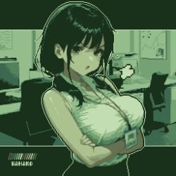 1girl 1girls :o breasts chair highres id_card indoors lanyard low_ponytail monitor office office_chair office_lady original original_character pixel_art ponytail sidelocks skirt sleeveless solo specialhanako white_shirt
