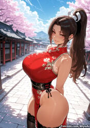 1girl ai_assisted ai_generated architecture bangs bare_shoulders black_legwear blue_sky blush breasts brown_eyes brown_hair cherry_blossoms china_dress chinese_clothes cloud cloudy_sky curvaceous curvy curvy_female curvy_figure day dress east_asian_architecture fatal_fury female floral_print high_ponytail huge_breasts leotard long_hair looking_at_viewer mai_shiranui miyuai outdoors parted_bangs ponytail sky smile solo the_king_of_fighters thick thick_ass thick_butt thick_hips thick_legs thick_thighs thighhighs thighs tree voluptuous voluptuous_female wide_hips wide_thighs