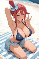 ai_generated beach blue_bikini pokemon pokemon_bw red_hair sarong skyla_(pokemon) tagme