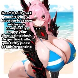 1female 1girl 1girls ai_generated argentina argentine_flag argentinian_flag argentinian_flag_bikini argentinian_flag_print beaned_clothing big_ass big_breasts big_butt bikini boobs breasts bronzed caption dark-skinned_male dark_skin english_text huge_ass huge_breasts huge_butt implied_male latino latino_male latino_male_white_female light-skinned_female light_skin owned_by_argentina pink_hair raceplay racism racist racist_woman red_eyes short_hair spiced text tits white_female