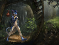 anthro blue_skin breasts claws dragon female forest latex_(artist) lizard nipples nude outside pussy reptile scalie tree walking white_skin