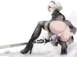 1girls 2016 ass ass_focus blindfold butcha-u dat_ass eroquis female female_only leotard nier nier:_automata panties short_hair solo sword thighhighs weapon white_hair yorha_2b