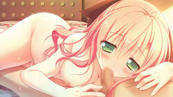 1boy artist_request bed blonde_hair blush breasts censored character_request clover_day's fellatio female green_eyes large_breasts long_hair looking_at_viewer lying nipples nude on_bed oral penis solo_focus sweat