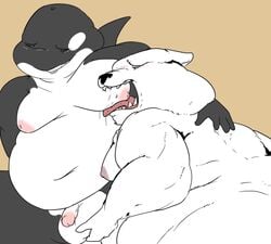 anthro balls blush cetacean feline fur furry groping_balls looking_pleasured male mammal marine moobs nipple_play nipples nude open_mouth overweight penis shamelesss smile tongue whale yaoi