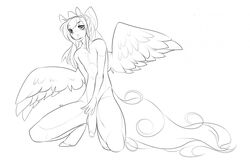 anthro balls equine feathered_wings feathers flaccid hair humanoid_penis kneeling long_hair male mammal monochrome nude pegasus penis solo teil wings