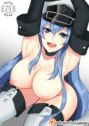 akame_ga_kill! areolae armpits arms_up artist_name blue_eyes blue_hair breasts collar collarbone curvy elbow_gloves esdeath_(akame_ga_kill!) eyebrows_visible_through_hair female hat large_breasts long_hair looking_at_viewer nipples open_mouth patreon puffy_nipples saliva solo thighhighs tofuubear web_address wide_hips