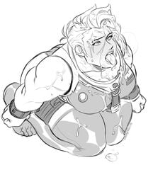 2d ahe_gao blizzard_entertainment blush blushing_female cuffs cum cum_on_breasts cum_on_face facial monochrome muscular muscular_female on_knees open_mouth orangekissess overwatch overwatch_2 restrained thick_female tongue_out zarya