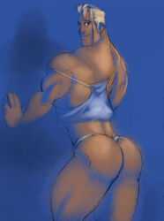 1boy absolutbleu ass bara behind biceps big_butt blonde_hair blue_background blue_eyes gay human looking_at_viewer looking_back male male_focus male_only muscle muscular muscular_male outfit partially_clothed smile solo solo_focus tank_top thong underwear vahn_(bleuboys)