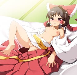 bad_id bad_pixiv_id barefoot black_hair breasts collarbone detached_sleeves feet female hakama harikono japanese_clothes long_hair looking_at_viewer lying navel nipples nontraditional_miko on_back pink_eyes pussy red_hakama reimu_hakurei small_breasts soles solo tatami toes touhou