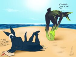 anthro ass backsack balls bat beach bent_over book bookmark claws clothing english_text feet lagomorph lying male male_only mammal morenor nightswing nude paws presenting presenting_hindquarters public rabbit reading sand sea seaside stunbun sunny text undressing water wings