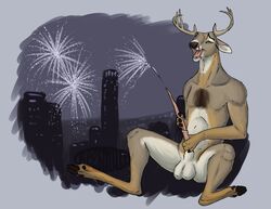 2016 anatomically_correct animal_genitalia animal_penis anthro antlers balls brown_fur cervine cervine_penis closed_eyes cum deer erection fireworks fur hooves horn lemon_testicles male mammal masturbation night nude open_mouth orgasm penis regsmutt sheath sitting smile solo teeth tongue