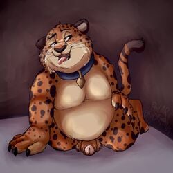 1boy 2016 anthro balls benjamin_clawhauser cheetah claws collar cum cum_in_mouth cum_inside cum_on_face disney feline fur hi_res humanoid_penis male male_only mammal nude open_mouth orange_fur overweight penis polarpandemonium simple_background solo spots spotted_fur tongue tongue_out zootopia