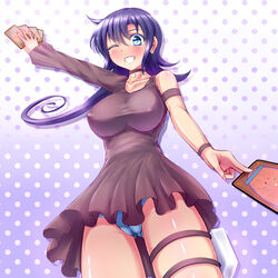 blue_eyes breasts card deck duel_masters erect_nipples female large_breasts purple_hair solo tasogare_mimi trading_card white_panties