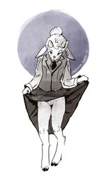 caprine clothing clothing_lift cloven_hooves female flat_chested goat greyscale hair hair_bun hooves horn mammal monochrome pussy skirt skirt_lift smile solo thalomine traditional_media_(artwork) waistcoat watercolor_(artwork)