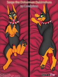 2016 animal_genitalia animal_penis balls bed black_fur brown_fur candyfoxy canine canine_penis collar dakimakura doberman english_text erection feral fur green_eyes highres knot looking_at_viewer lying male_only mammal on_back on_front open_mouth pawpads paws penis penis_tip presenting presenting_penis red_penis sheath smile solo spiked_collar spikes spread_legs spreading text tongue tongue_out watermark