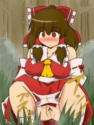 bare_shoulders blush bow breasts brown_eyes brown_hair bush detached_sleeves erect_nipples fat female foliage forest grass hairbow long_hair long_sleeves miko no-biru nontraditional_miko panties peeing pubic_hair pussy red_bow reimu_hakurei solo touhou tree white_panties