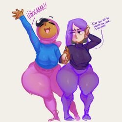 2girls bottom_heavy cute dark-skinned_female duolingo dustedburger fat_ass hijab hip_dips implied_yuri light-skinned_female lily_(duolingo) long_sleeve_shirt pants purple_hair small_breasts thick_thighs waving_at_viewer wide_hips zari_(duolingo)