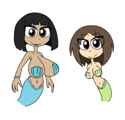 2girls big_breasts black_eyes black_hair bra brown_eyes brown_hair female hidekihenry huge_breasts mermaid original_character png