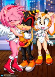 1boy 2girls amy_rose anthro bbmbbf blush bra breasts charmy_bee closed_eyes clothing cream_the_rabbit diamond_level female hug male male/female medium_breasts mobius_unleashed nipples open_mouth palcomix panties pietros_secret_club sega sonic_(series) sonic_the_hedgehog_(series) tongue topless