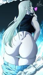 artist_name ass bare_shoulders black_shirt blonde_hair breasts clothes_pull crop_top denim female finger_to_mouth from_behind garuda_(jujutsu_kaisen) heart highres huge_ass itskawer jeans jujutsu_kaisen kaw3r long_hair panties pants pants_pull panty_pull shirt underwear yuki_tsukumo