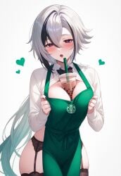 1girls apron arlecchino_(genshin_impact) barista between_breasts blush boba_tea breast_hold breasts bubble_tea_challenge drink drink_on_breasts drinking drinking_straw employee employee_uniform female female_only garter_belt garter_straps genshin_impact kawasaki large_breasts lingerie solo starbucks underwear