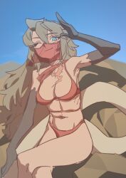 big_breasts bikini discoloration legs_crossed long_hair mask scar_across_breast scar_across_eye shuibaow simple_background sitting skinny_girl smile solo_female tail waving wink winking_at_viewer