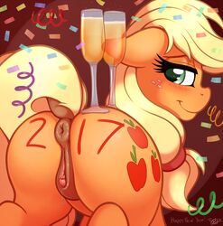 absurd_res alcohol anatomically_correct anatomically_correct_pussy animal_genitalia animal_pussy anus applejack_(mlp) ass beverage blonde_hair blush clitoris confetti cutie_mark dock earth_pony english_text equine equine_pussy female feral freckles friendship_is_magic glass green_eyes hair hi_res horse looking_at_viewer mammal my_little_pony pony pussy ratofdrawn solo text