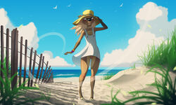 anthro beach blonde_hair cervine clothing deer dress female green_eyes hair hat hynik_(artist) mammal pussy seaside short solo upskirt