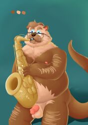 1boy anthro balls belly body_hair brown_body brown_fur digital_media_(artwork) eyewear flaccid fur genitals glasses hi_res humanoid_genitalia male male_only mammal mature_male moobs musical_instrument mustelid naked nipples nude otter overweight overweight_anthro overweight_male penis pink_penis saxophone sea_otter sibluself simple_background solo tail tan_body tan_fur wind_instrument woodwind_instrument