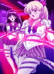 2girls bishoujo_senshi_sailor_moon blonde_hair blue_eyes bow breasts choker clothing elbow_gloves erect_nipples erect_nipples_under_clothes female gloves kneepit_sex minako_aino multiple_girls nipples open_mouth panties rei_hino sailor_mars sailor_venus skirt small_breasts tentacle tiara x_koubou