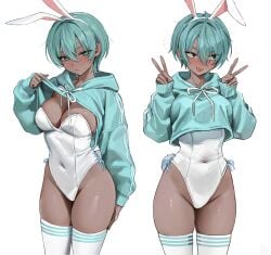 :3 blush bunny_ears bunny_tail bunnysuit cleavage cute_fang dark-skinned_female dark_skin dark_skinned_female double_v fake_animal_ears female gompang_11 leotard peace_sign slim_waist smile sweater sweater_lift thighhighs v v_sign white_background