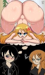 1boy 1girls angry ass bed bedroom big_ass big_butt blonde_hair blue_eyes blush bubble_ass bubble_butt completely_nude completely_nude_female female full_body hair_ornament kirino_kosaka kousaka_kyousuke meme naked naked_female nude nude_female ore_no_imouto_ga_konna_ni_kawaii_wake_ga_nai short_shorts shorts text the_coffin_of_andy_and_leyley thinking thought_bubble truedarkorts