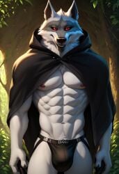 abs ai_generated anthro anthro_male biceps cloak death_(puss_in_boots) dreamworks furry gay jockstrap jockstrap_only looking_at_viewer male male_only muscular muscular_male nipples nude_male pecs puss_in_boots_(dreamworks) puss_in_boots_the_last_wish red_eyes shrek_(series) toned_body toned_male twall97 white_fur wolf