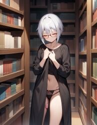 ai_generated closed_eyes dress_lift female glasses library nagato_yuki rtxfus solo stealth_masturbation suzumiya_haruhi_no_yuuutsu vibrator_under_panties white_hair