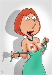 accurate_art_style alternate_breast_size areolae badbrains bracelet breasts breasts_out cleavage dress dress_pull earrings family_guy female flashing human large_breasts lipstick lois_griffin necklace nipples no_bra open_mouth orange_hair red_lipstick shiny_skin short_hair smile solo undressing