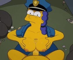 1boy 1girls 20th_century_fox 20th_century_studios animated between_breasts big_breasts blue_hair erect_nipples erect_penis female humanoid_penis looking_at_another looking_at_viewer looking_up male marge_simpson outside paizuri partial_male police_uniform sfan tagme the_simpsons titfuck yellow_body yellow_skin