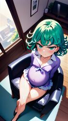 1girls ai_generated angry angry_expression angry_face annoyed annoyed_expression crossed_legs female green_eyes green_hair living_room one-punch_man pregnant pregnant_female purple_dress sitting sitting_on_chair sitting_on_couch slender_legs slender_waist tatsumaki violet_dress