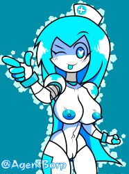 1girls agentborp alice_(mr.ctm) big_breasts blue_eyes blue_hair blue_nipples breasts fanart female heart heart-shaped_pupils naked naked_female nipples nude nude_female nurse nurse_cap oc original_character pussy robot robot_girl robot_humanoid robotic_arm smile smiling solo solo_female tongue tongue_out