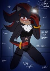 anthro balls blush bodily_fluids clothed clothing crossdressing dialogue drooling electronics genital_fluids genitals hi_res male male_only masturbation penis phone precum saliva sega selfie shadow_the_hedgehog solo sonic_the_hedgehog_(series) zoey