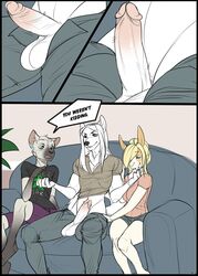 anthro balls big_balls big_penis blush canine clothed clothing comic english_text erection feline female group humanoid_penis inside lagomorph looking_at_penis male mammal open_mouth penis rabbit sitting sketch smile teil text unzipped