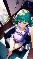 1girls ai_generated angry angry_expression angry_face annoyed annoyed_expression female green_eyes green_hair living_room one-punch_man pregnant pregnant_female purple_dress sitting sitting_on_chair sitting_on_couch slender_legs slender_waist tatsumaki violet_dress