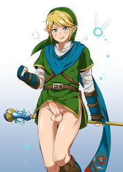 1boy belt blonde_hair blue_eyes blush boots bottomless erection fairy fingerless_gloves gloves hat hyrule_warriors link link_(hyrule_warriors) male_only nintendo penis pointy_ears single_earring staff sweat testicles the_legend_of_zelda trap uncensored ygyg2200