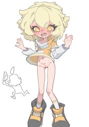 blonde_hair bottomless chibi embarrassed exposed_pussy panty_theft running_away shuibaow simple_background skinny_girl theft yellow_eyes
