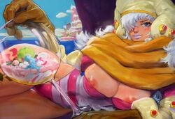 artist_name blue_eyes breasts brown_gloves cake charlotte_smoothie closed_mouth cup drinking_glass english_commentary female female_only food gloves hair_over_one_eye hat highres kuyuen1 large_breasts leg_tattoo lipstick long_hair looking_at_viewer makeup nipple_slip nipples one_eye_covered one_piece scarf smile smoothie solo tattoo thighs wavy_hair white_hair yellow_scarf