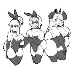 1boy 2girls bare_shoulders bare_thighs bluueygooey breasts bunny_boy bunny_ears bunny_girl bunnysuit character_request choker cleavage confident copyright_request crossed_arms crossover elbow_gloves femboy gloves granblue_fantasy greyscale grin gundam hand_on_own_chest hand_on_own_hip horns huge_breasts leotard long_hair male_playboy_bunny medium_hair monochrome multiple_girls narmaya_(granblue_fantasy) playboy_bunny quattro_bajeena short_hair sidelocks small_breasts smile strapless_leotard thick_thighs thighhighs thighs trio very_long_hair wide_hips