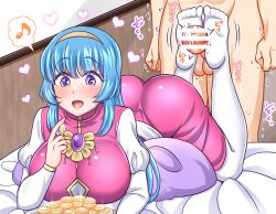 1boy 1girls :d ass bed blue_hair blush breasts censored coins counting counting_money dress feet feet_up female footjob footjob_in_the_pose footjob_with_legwear gem gold hairband happy heart indoors jewelry large_ass large_breasts long_hair lufia male money necklace oblivious on_stomach open_mouth pendant penis pillow puffy_sleeves purple_eyes sheets shopkeeper smile soles stockings testicles tia trimmed_dress white_legwear yakisobapan_tarou_&_negitoro-ko