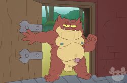 absurd_res amphibia_(series) amphibian anthro balls belly bog_(amphibia) disney erection frog genitals hi_res humanoid_genitalia humanoid_penis looking_at_viewer male male_only moobs muscular nipples overweight overweight_male penis pondart_studios red_body solo toad_(frog)