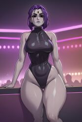 1girls ai_generated azure_(artist) bare_arms bare_legs bare_shoulders bare_thighs big_breasts clothed clothing color dc dc_comics dead_eyes female female_focus female_only hi_res large_breasts looking_at_viewer nightclub purple_hair raven_(dc) short_hair solo solo_female tagme teen_titans thick_thighs